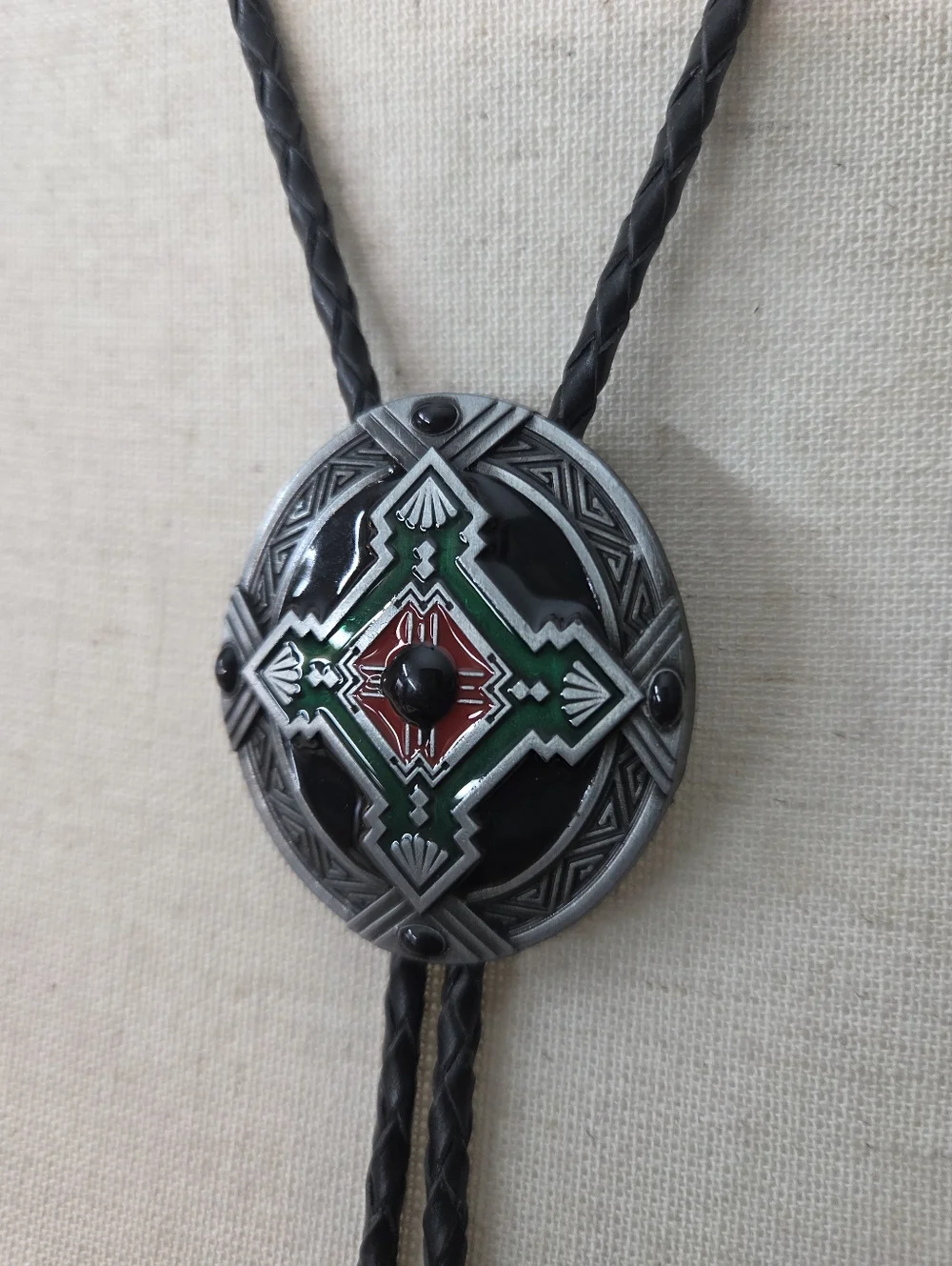 Southwestern-Inspired Black Bolo Tie with Green and Red Accent 40in unisex